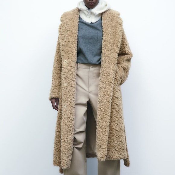 Zara NWT LONG FLEECE FAUX SHEARLING FUR COAT WITH BELT & LAPEL COLLAR 4360/247 - Picture 3 of 4